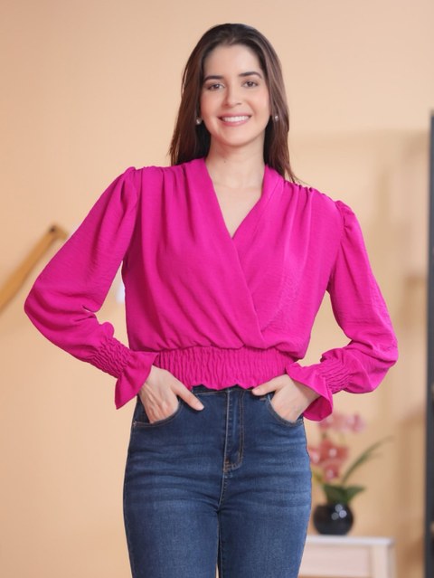 BLUSA FEMININA GOLA V PROFUNDA COM ELASTICO NA CINTURA