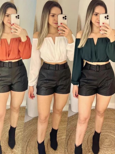 Short Feminino de Cinto Courino Cirrê Short Cintura Alta