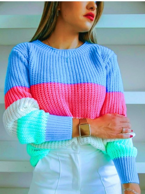Blusa Tricot Com Manga Longa Colorida Listrada Moda Blogueira Inverno