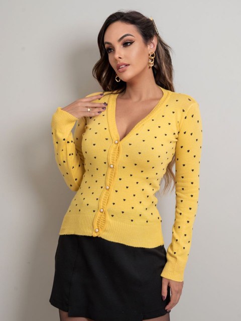 Casaquinho Suéter Tricot Feminino Estampado Coração