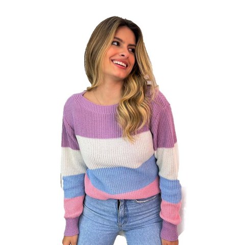 Blusa Feminina Tricô Tricot Listrada Colorida Moda Inverno