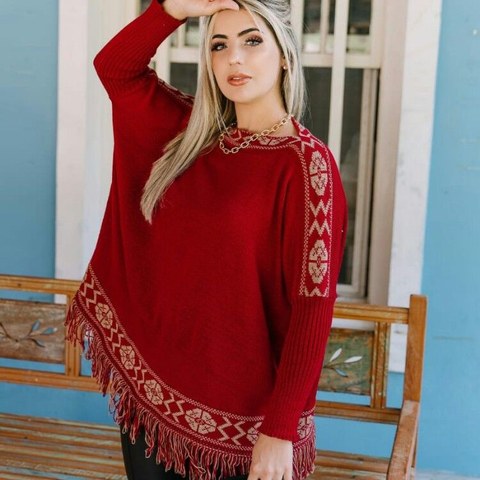 Poncho Tricô Franja Suéter Blusão Manga Longa Tendência