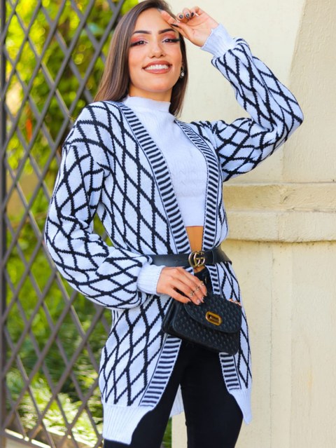 Cardigan Tricô Losango Manga Longa Casaco Tendência