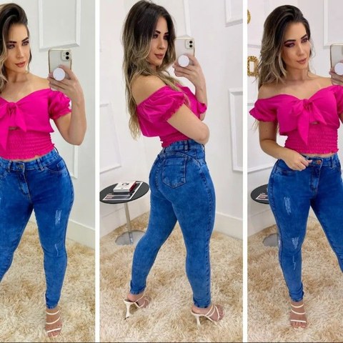Calça jeans feminina skinny cós alto levanta bumbum