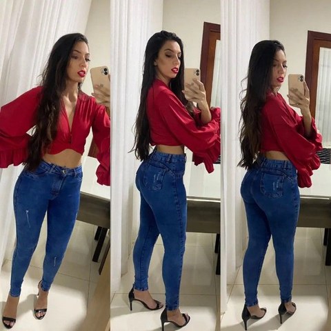 Calça jeans feminina skinny cós alto levanta bumbum
