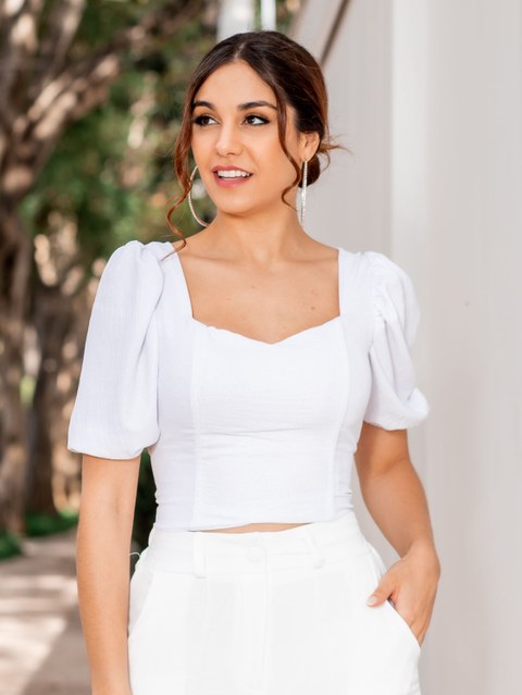 Blusinha Cropped princesa tecito duna brilhante moda feminina，casual。DW029