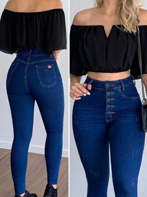 Calça jeans feminina botão