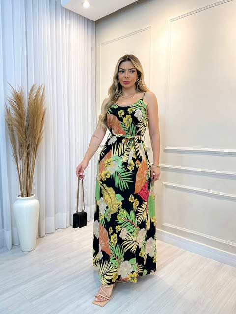 Vestido longo estampado com alcinha fina ajustável novo coleção V0261