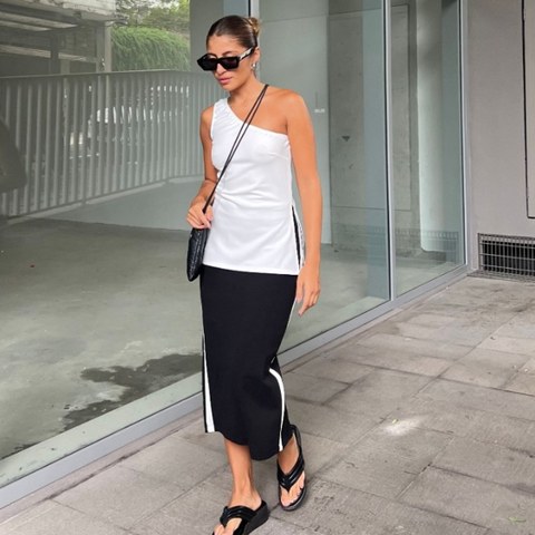 Blusa 1 ombro Alongada Malha Crepe