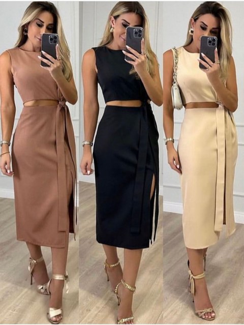 Conjunto Cropped E Saia Midi Em Alfaiataria Lançamento Moda