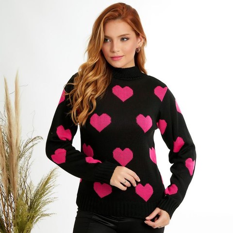 Tricô inverno feminina manga longa estampada com coração