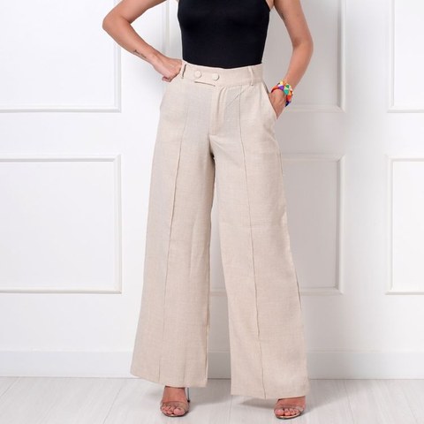 Calça linho feminina pantalona frente com botão