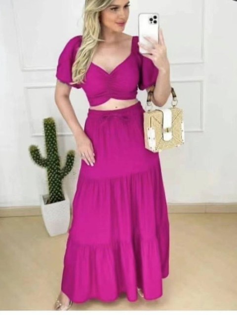 Conjunto cropped e saia viscolinho feminino