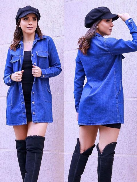 Sobretudo jeans com cinto para amarrar na cintura