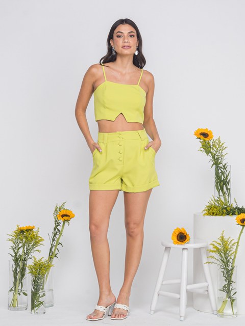Conjunto Shorts + Cropped Feminino Alfaiataria Com Botães
