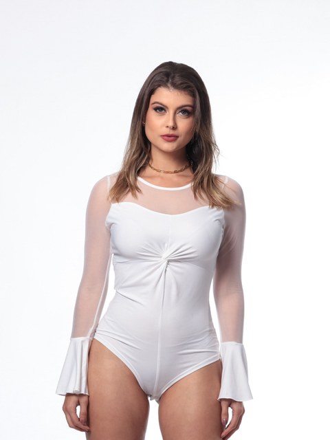 Body Feminino Translúcido Traseira Com Manga longa