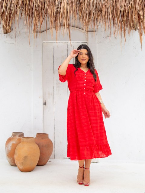 VESTIDO PLUS SIZE MIDI MANGA CURTA EM ALGODÃO TEXTURIZADO COM FORRO ELEGANTE  - PL706