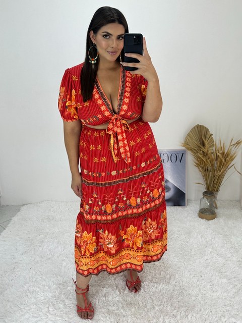 VESTIDO PLUS SIZE  ESTAMPADO COM DECOTE TRANSPASSADO ESTAMPADO CUT OUT - pl722