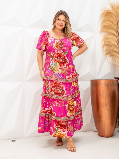 VESTIDO PLUS SIZE MIDI COM  DECOTE CORAÇÃO E LASTEX NAS COSTAS COM MANGA BUFANTE ESTAMPA FLORAL CASUAL ELEGANTE EM CREPE - PL716