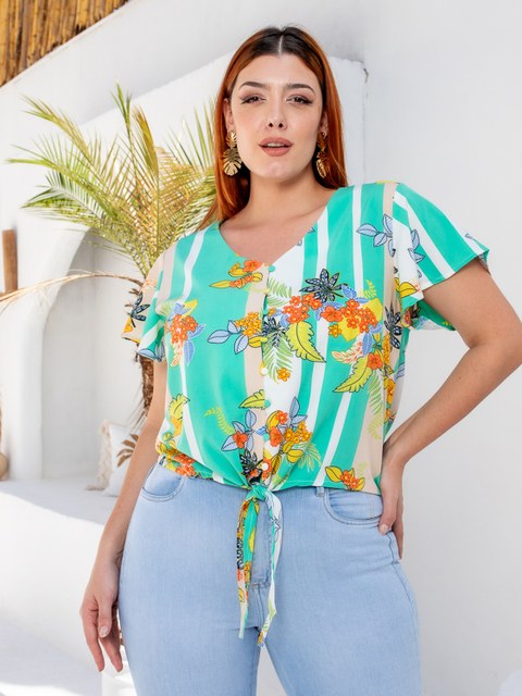SML FASHION Blusa Plus Size Manga Curta Estampada Colorida com Botões e Amarração Frontal - PL178