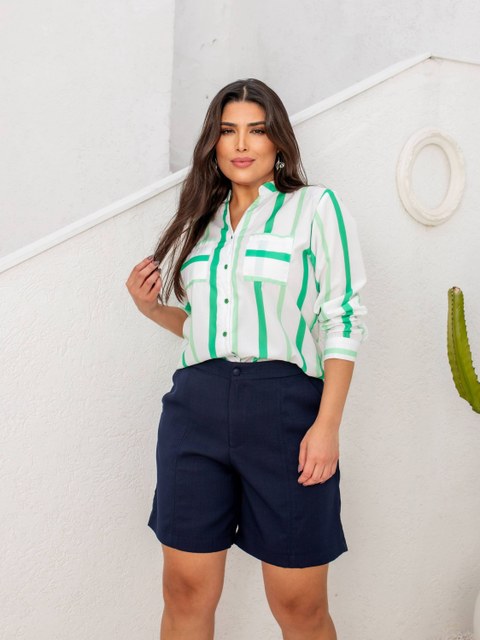 CAMISA FEMININA PLUS SIZE LISTRADA COM BOLSOS EM ALGODAO COM POLIESTER - PL725