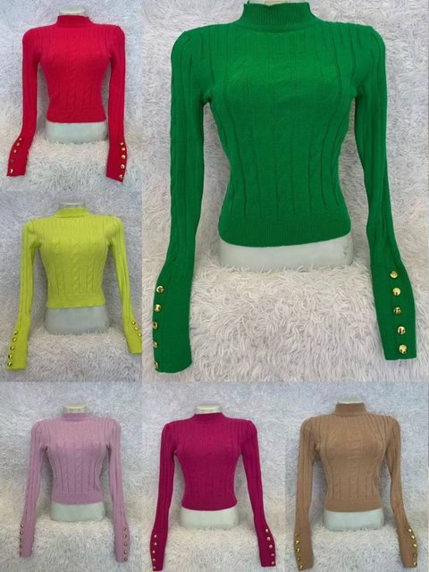 Blusa Tricot modal  Feminina Cropped Trança Tricô Manga Longa com Botão 2024