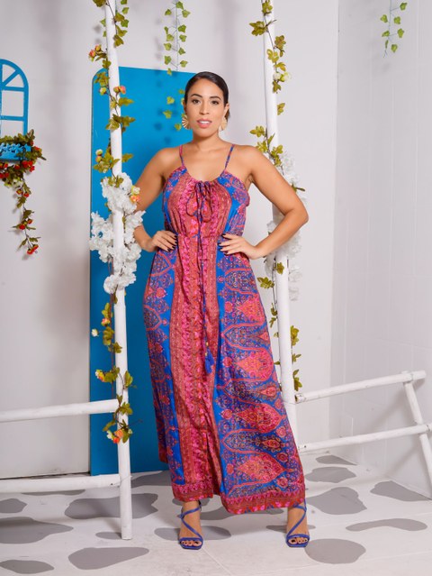 Vestido longo Estampado em Seda Indiana