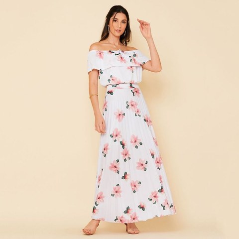 Saia Plinsada longa flor e croppet único