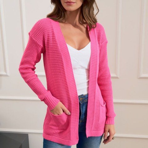 blusa tricô cardigan longo liso Simples ocasional -ub57