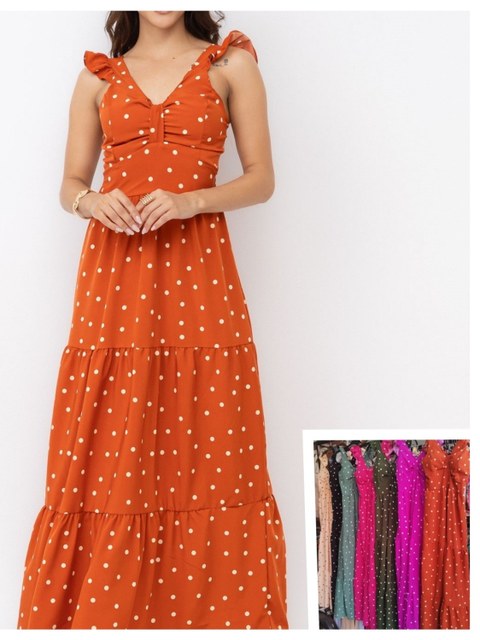 Vestido longo de poliéster bolinha