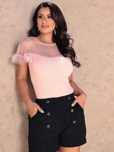 Blusa moda feminina de tule detalhes em perola 6030