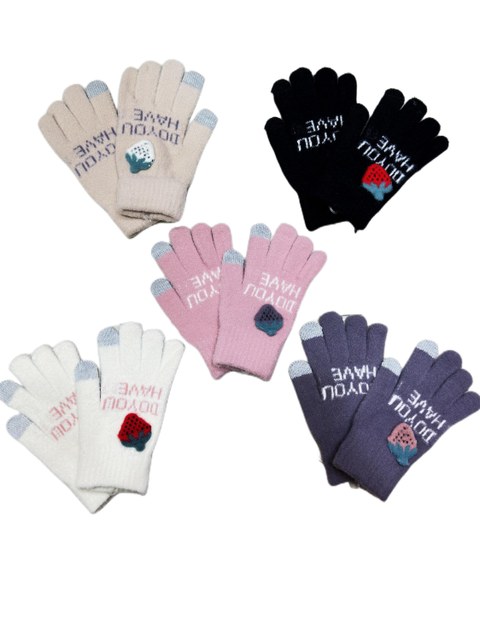 Luvas Femininas de Lã para o Inverno com padrão de morango