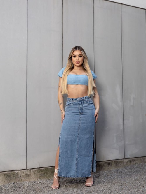 Saia midi abertura lateral - Camarote Jeans | ZAX