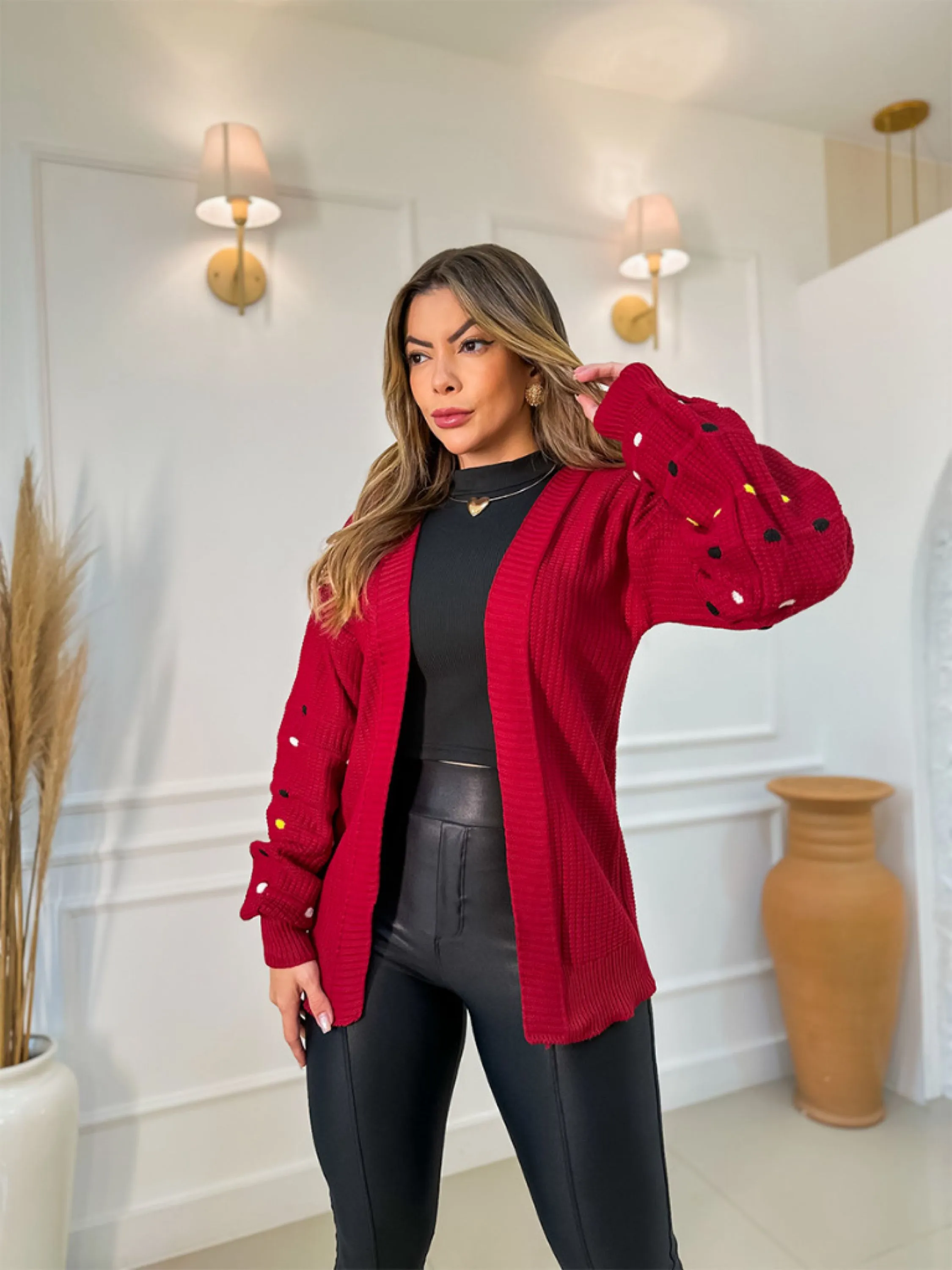 Cardigan Tricot Grosso Longo Com detalhe Manga Colorido - Fafa