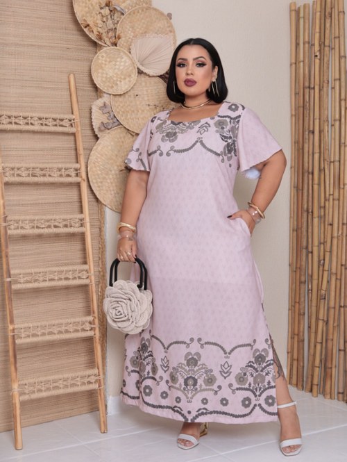 Vestido longo manga plus size mel - Linda Byju Plus | ZAX