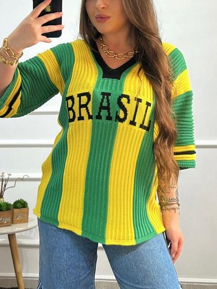 Blusa de Tricot Crochê Brasil Copa Camisa Decote V Oversized