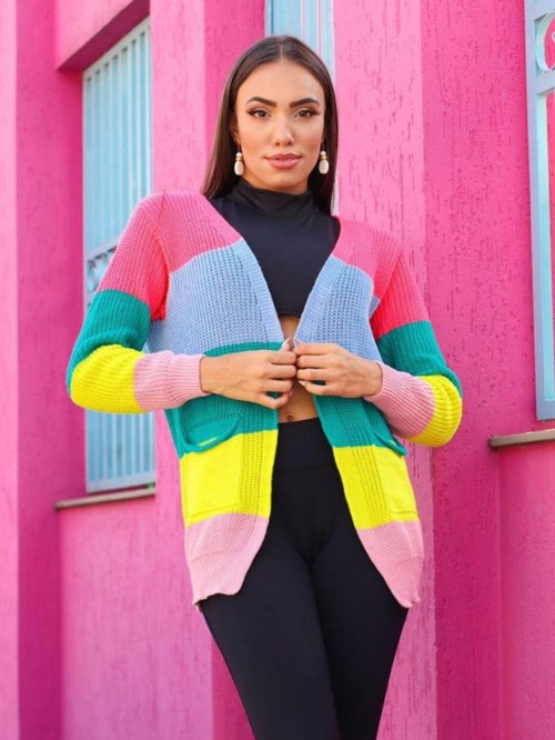 Cardigan Tricô Colorido com Bolso Manga Longa - Delf Modas Tricot