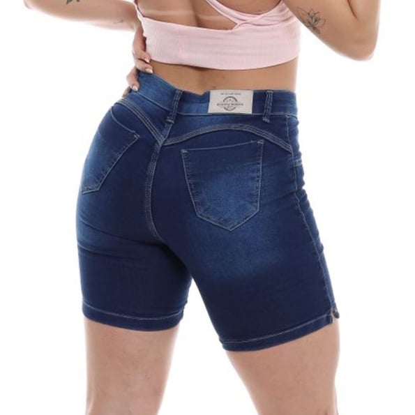 Bermuda jeans meia coxa azul básica cintura alta corte levanta bumbum.