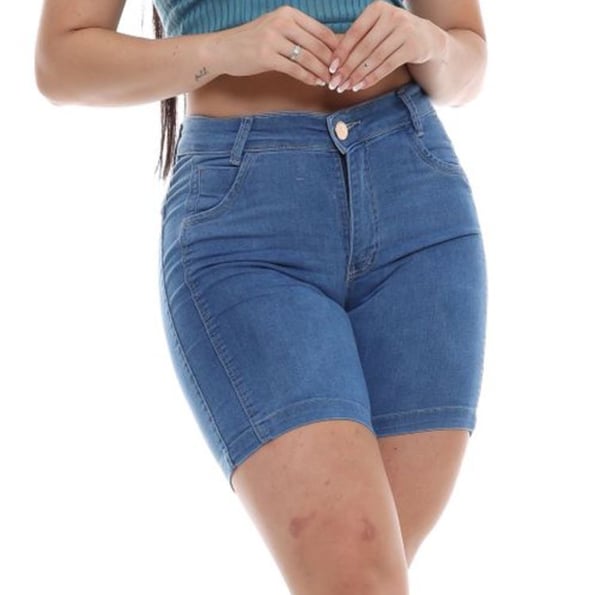 Bermuda jeans clara l meia coxa com básica com duas costuras laterais cintura alta corte levanta bumbum.
